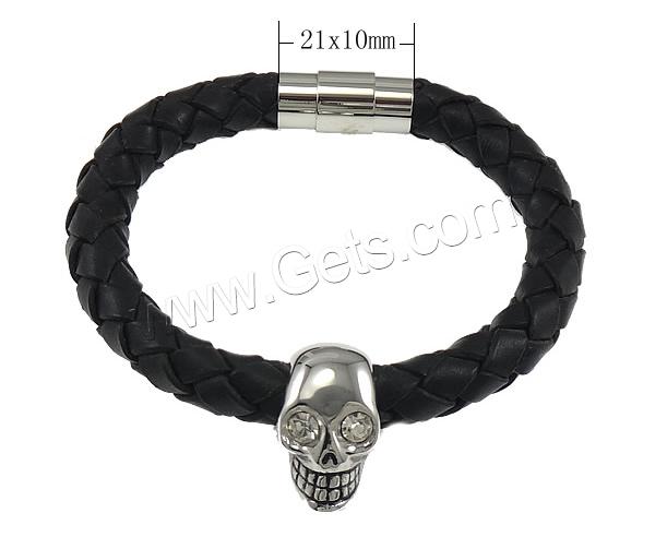 Men Bracelet, Cowhide, with 316L Stainless Steel, Skull, braided & with rhinestone & blacken, more colors for choice, 14x23mm, 21x10mm, 9mm, Length:Approx 8.2 Inch, Sold By Strand