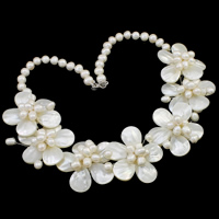 Concha Collar de perlas de agua dulce, Perlas cultivadas de agua dulce, con Concha de agua dulce, latón cierre de langosta, con 5cm extender cadena, Flor, natural, Blanco, libre de níquel, plomo & cadmio, 7-8mm, 42mm, longitud:aproximado 19.5 Inch, Vendido por Sarta