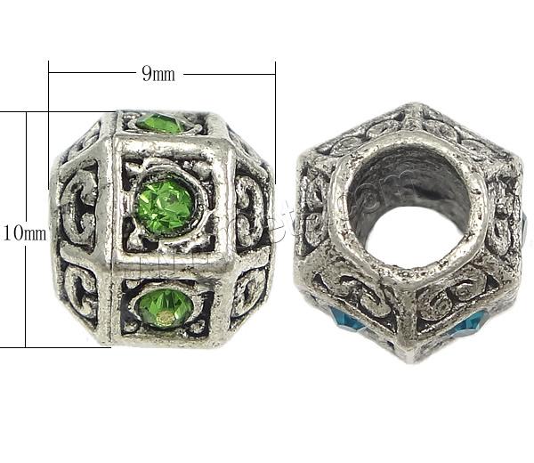 Rhinestone Zinc Alloy European Beads, Drum, plated, without troll & with rhinestone, more colors for choice, nickel, lead & cadmium free, 9x10mm, Hole:Approx 4.5mm, Sold By PC