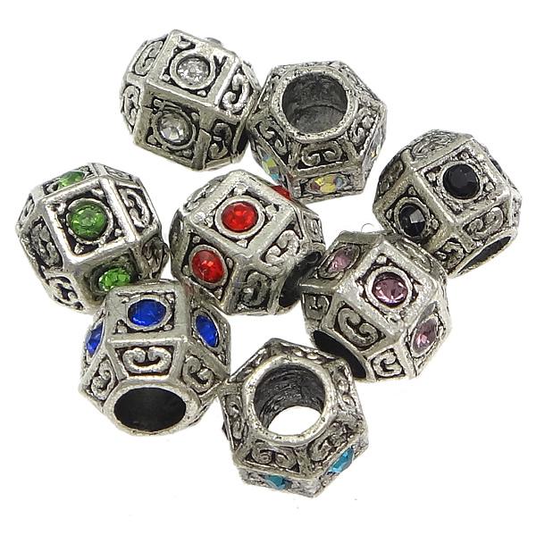 Rhinestone Zinc Alloy European Beads, Drum, plated, without troll & with rhinestone, more colors for choice, nickel, lead & cadmium free, 9x10mm, Hole:Approx 4.5mm, Sold By PC