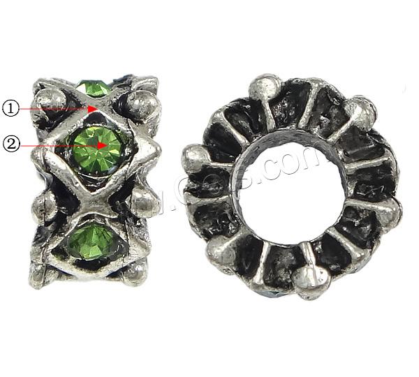 Rhinestone Zinc Alloy European Beads, Rondelle, plated, without troll & with rhinestone, more colors for choice, nickel, lead & cadmium free, 6x10mm, Hole:Approx 5mm, Sold By PC