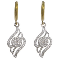 Huggie Hoop Drop Earring, Brass, Leaf, plated, micro pave cubic zirconia 34mm 