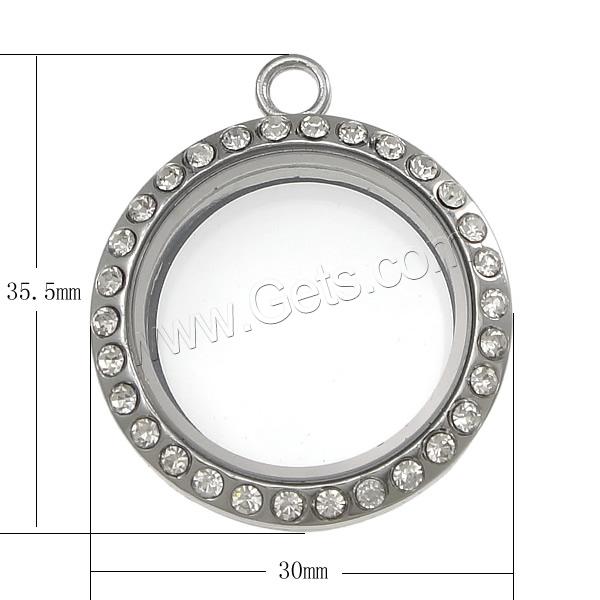 Zinc Alloy Floating Locket Pendant Frame, with Glass, Flat Round, plated, with rhinestone, more colors for choice, nickel, lead & cadmium free, 30x35.5x7mm, Hole:Approx 3mm, Inner Diameter:Approx 22.5mm, Sold By PC