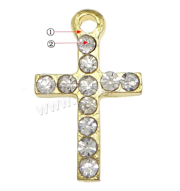 Zinc Alloy Cross Pendants, plated, with rhinestone, more colors for choice, nickel, lead & cadmium free, 10x16x2.5mm, Hole:Approx 1.5mm, Sold By PC