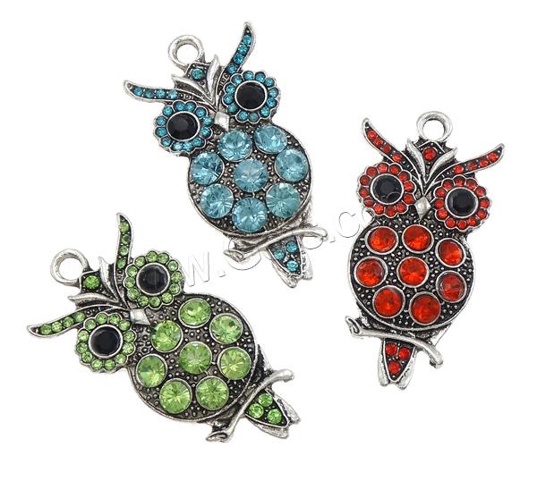 Zinc Alloy Animal Pendants, Owl, plated, Customized & with rhinestone, more colors for choice, nickel, lead & cadmium free, 23x45.5x4mm, Hole:Approx 3.5mm, Sold By PC