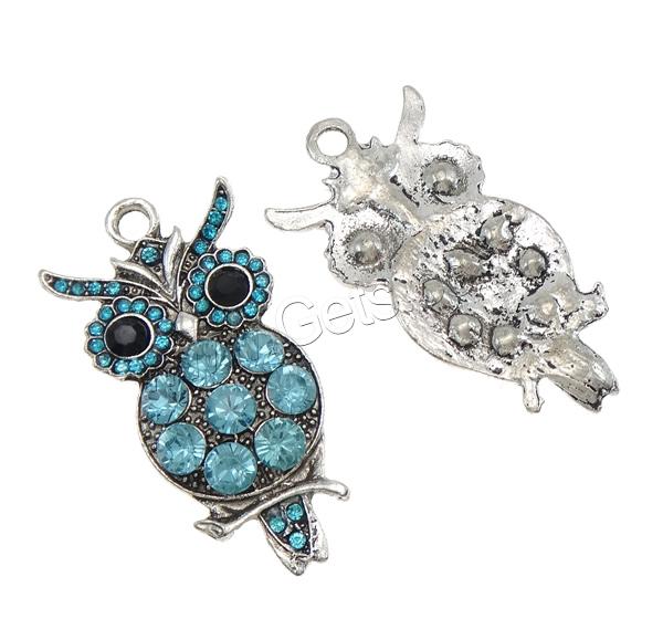 Zinc Alloy Animal Pendants, Owl, plated, Customized & with rhinestone, more colors for choice, nickel, lead & cadmium free, 23x45.5x4mm, Hole:Approx 3.5mm, Sold By PC