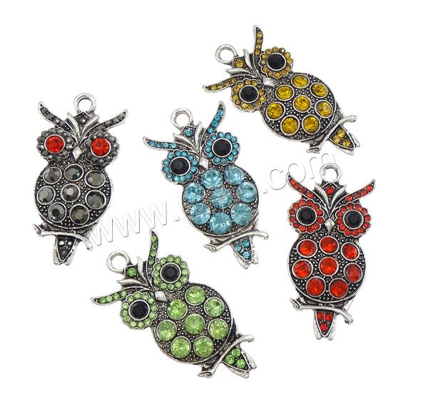 Zinc Alloy Animal Pendants, Owl, plated, Customized & with rhinestone, more colors for choice, nickel, lead & cadmium free, 23x45.5x4mm, Hole:Approx 3.5mm, Sold By PC