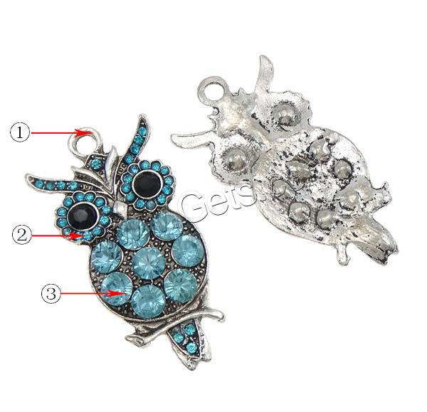 Zinc Alloy Animal Pendants, Owl, plated, Customized & with rhinestone, more colors for choice, nickel, lead & cadmium free, 23x45.5x4mm, Hole:Approx 3.5mm, Sold By PC