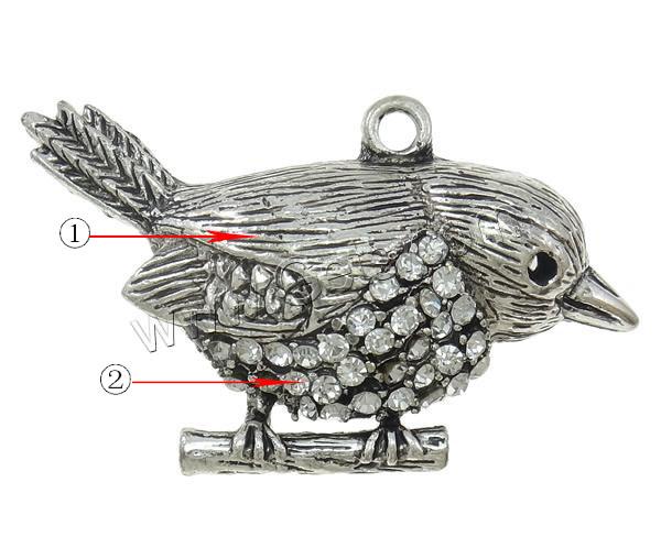 Zinc Alloy Animal Pendants, Bird, plated, Customized & with rhinestone & hollow, more colors for choice, nickel, lead & cadmium free, 52x32x13mm, Hole:Approx 3mm, Sold By PC