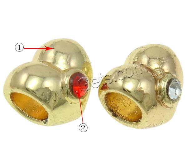 Rhinestone Zinc Alloy European Beads, Heart, plated, Customized & without troll & with rhinestone, more colors for choice, nickel, lead & cadmium free, 10x9.5x10mm, Hole:Approx 4.5mm, Sold By PC