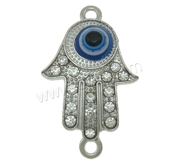 Evil Eye Jewelry Connector, Zinc Alloy, with Resin, Hamsa, plated, Islamic jewelry & evil eye pattern & Customized & with rhinestone & 1/1 loop, more colors for choice, nickel, lead & cadmium free, 21x35x5mm, Hole:Approx 2.5mm, Sold By PC