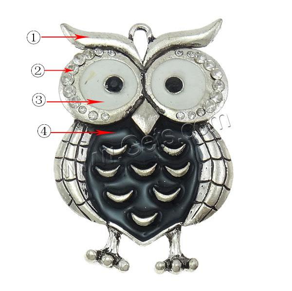 Zinc Alloy Animal Pendants, Owl, plated, Customized & enamel & with rhinestone, more colors for choice, nickel, lead & cadmium free, 50x73x9mm, Hole:Approx 3x9mm, Sold By PC