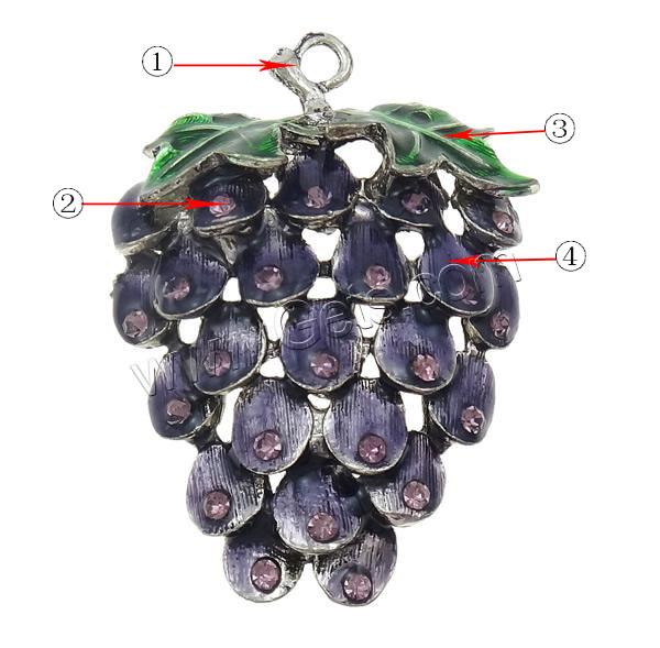 Zinc Alloy Fruit Shape Pendants, Grape, plated, Customized & enamel & with rhinestone, more colors for choice, nickel, lead & cadmium free, 46x63x13mm, Hole:Approx 4mm, Sold By PC