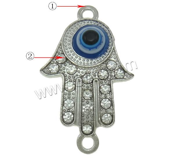 Evil Eye Jewelry Connector, Zinc Alloy, with Resin, Hamsa, plated, Islamic jewelry & evil eye pattern & Customized & with rhinestone & 1/1 loop, more colors for choice, nickel, lead & cadmium free, 21x35x5mm, Hole:Approx 2.5mm, Sold By PC