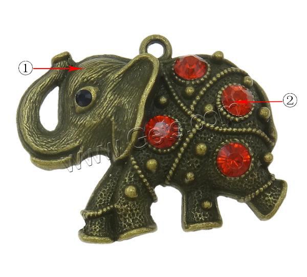 Zinc Alloy Animal Pendants, Elephant, plated, Customized & with rhinestone, more colors for choice, nickel, lead & cadmium free, 50x38x5mm, Hole:Approx 3mm, Sold By PC