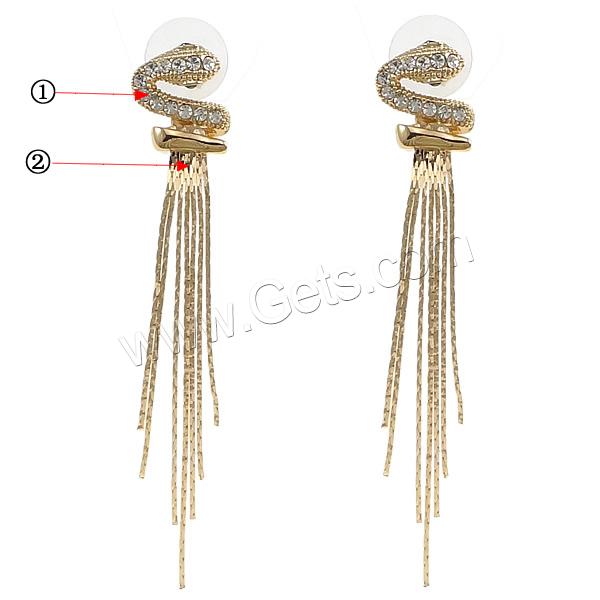 Fashion Fringe Earrings, Brass, with rubber earnut, plated, with rhinestone, more colors for choice, 80mm, 14x16x16.5mm, Sold By Pair