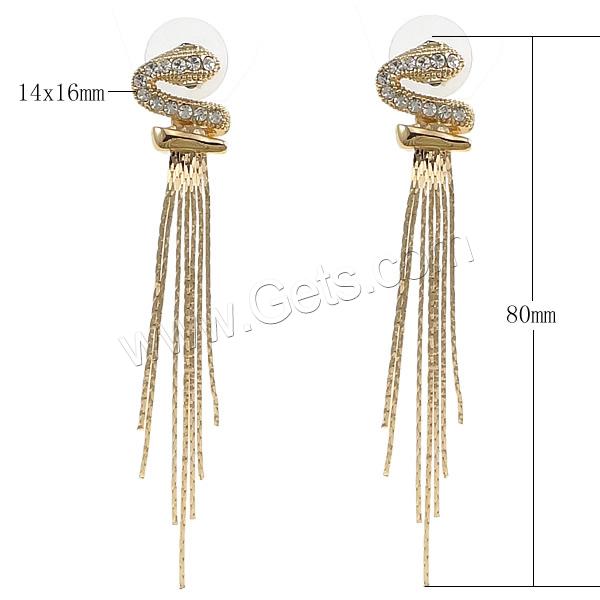 Fashion Fringe Earrings, Brass, with rubber earnut, plated, with rhinestone, more colors for choice, 80mm, 14x16x16.5mm, Sold By Pair