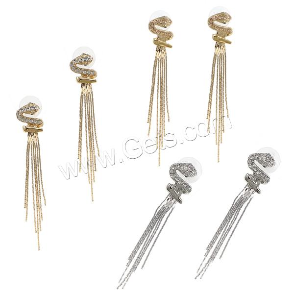 Fashion Fringe Earrings, Brass, with rubber earnut, plated, with rhinestone, more colors for choice, 80mm, 14x16x16.5mm, Sold By Pair