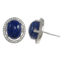 Sterling Silber Stud Ohrring, 925 Sterling Silber, mit natürlicher Lapislazuli, flachoval, ohne Ohrmutter & Micro pave Zirkonia, 12x14x17.5mm, 0.8mm, verkauft von Paar