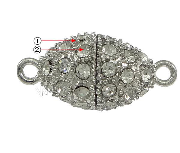 Zinklegierung Magnetverschluss, oval, plattiert, mit Strass & Einzelstrang, keine, frei von Nickel, Blei & Kadmium, 25x13mm, Bohrung:ca. 2mm, verkauft von PC