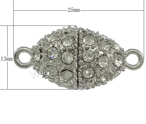 Zinklegierung Magnetverschluss, oval, plattiert, mit Strass & Einzelstrang, keine, frei von Nickel, Blei & Kadmium, 25x13mm, Bohrung:ca. 2mm, verkauft von PC