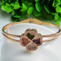 Bracelet en acier inoxydable, acier inoxydable 316L, avec strass, Trèfle à quatre feuilles, Plaqué de couleur d'or rose, 23mm, Diamètre inté Environ Vendu par PC