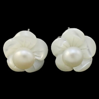 Shell Earring eau douce, coquille d'eau douce, avec perle d'eau douce cultivée, laiton puce boucle d'oreille, fleur, naturel, plus de couleurs à choisir Vendu par paire