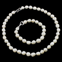 Ensembles de bijoux de perle d'eau douce en laiton, perle d'eau douce cultivée, Bracelet & collier, laiton boucle déployante, Baroque, naturel, blanc, 10-11mm Environ 8 , Environ 18 , Vendu par fixé