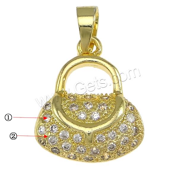 Befestigter Zirkonia Messing Anhänger, Handtasche, plattiert, Mikro ebnen 33 Stück Zirkonia, keine, 13.5x16x3.5mm, Bohrung:ca. 3.5x4mm, verkauft von PC