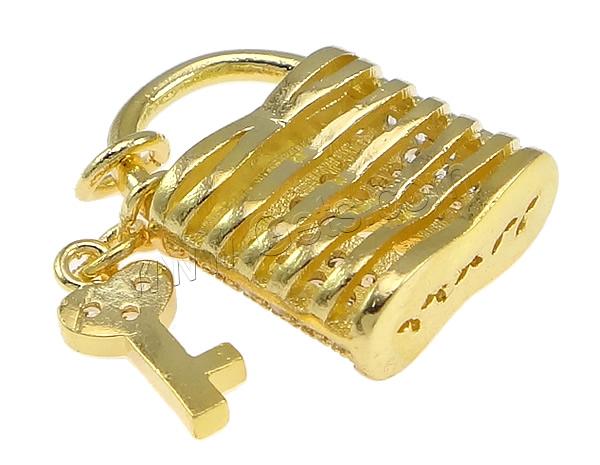 Befestigter Zirkonia Messing Anhänger, Lock and Key, plattiert, Mikro ebnen 62 Stück Zirkonia, keine, 14x19x5mm, 5x12x1.5mm, Bohrung:ca. 9x5mm, verkauft von PC