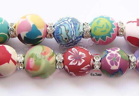 Polymer Clay Bracelets, with rhinestone brass spacer, Round, different size for choice, multi-colored, Length:7.5 Inch, 15PCs/Strand, Sold By Strand