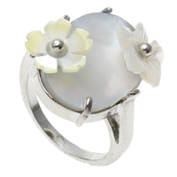 Bague de doigt de coquille, laiton, avec coquille noire & coquille blanche, fleur, Placage de couleur platine, protéger l'environnement, sans nickel, plomb et cadmium .5, Vendu par PC