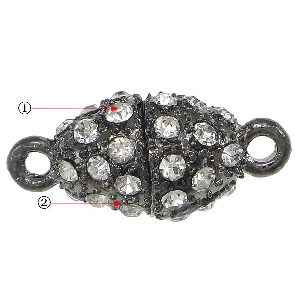 Zinc Alloy Magnetic Clasp, Oval, plated, with rhinestone & single-strand, more colors for choice, nickel, lead & cadmium free, 24x12mm, Hole:Approx 2mm, Sold By PC