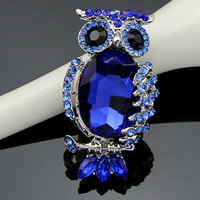 cristal Broche, alliage de zinc, avec cristal, hibou, Placage de couleur platine, facettes & avec strass, bleu, 50mm, Vendu par PC