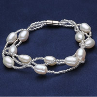 Pulseras de la perla de cuentas de semilla, Perlas cultivadas de agua dulce, con Rocallas de vidrio, latón cierre magnético, Arroz, natural, 3-aro, Blanco, 6-7mm, longitud:aproximado 7 Inch, Vendido por Sarta