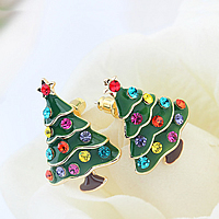 Pendientes de Navidad, aleación de zinc, acero inoxidable aguja de pendiente, Árbol de Navidad, chapado en color dorado, Joyas de Navidad & esmalte & con diamantes de imitación, libre de níquel, plomo & cadmio, 20x27mm, Vendido por Par