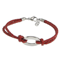 Bracelets de cuir de vachette, cuir de peau de vache, avec Acier inoxydable 304, avec 1lnch chaînes de rallonge, ovale plat, 2 fils, rouge 3mm Environ 8 pouce, Vendu par brin