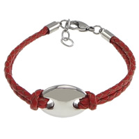 Bracelets de cuir de vachette, cuir de peau de vache, avec Acier inoxydable 304, avec 1lnch chaînes de rallonge, ovale plat, 2 fils, rouge 2.5mm Environ 7 pouce, Vendu par brin