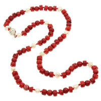 Sea Bamboo Coral Necklace, Natural Coral, with pearl, brass magnetic clasp, red, 6mm, 5-7mm Approx 17 Inch 