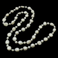 Collar de cadena del suéter de la perla de agua dulce, Perlas cultivadas de agua dulce, con Rocallas de vidrio, Barroco, natural, Blanco, 2-12mm, longitud:aproximado 35 Inch, Vendido por Sarta