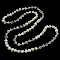 Cristal Perlas de agua dulce del suéter del collar, Perlas cultivadas de agua dulce, con Cristal, Barroco, natural, facetas, Blanco, 10-11mm, 4x4mm, 6x8mm, longitud:aproximado 42.5 Inch, Vendido por Sarta