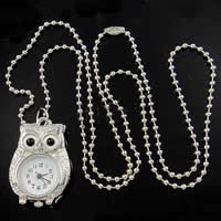 Montre à gousset collier, alliage de zinc, hibou, Placage de couleur platine, chaîne à billes 2.4mm Environ 23 pouce, Vendu par brin