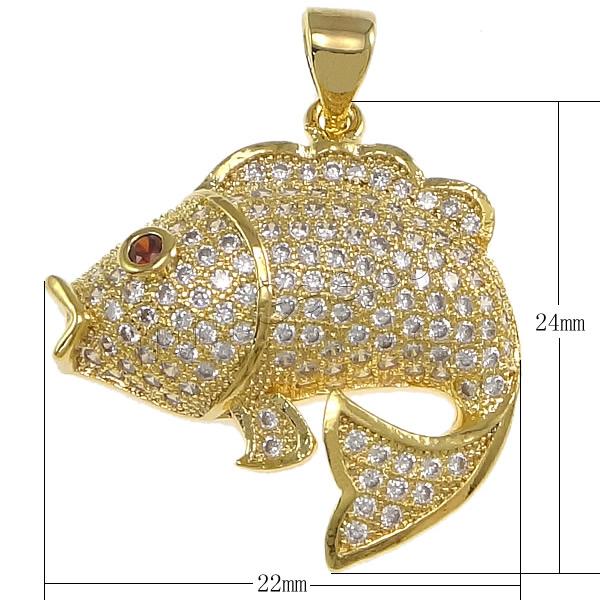 Befestigter Zirkonia Messing Anhänger, Fisch, plattiert, Micro pave Zirkonia, keine, 22x24x5mm, Bohrung:ca. 3x4mm, verkauft von PC