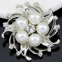 Broche de perla de cristal, aleación de zinc, con Perlas de vidrio, Flor, chapado en color de platina, con diamantes de imitación, Blanco, libre de níquel, plomo & cadmio, 32x32mm, 10PCs/Bolsa, Vendido por Bolsa