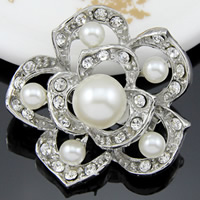 Broche de perla de cristal, aleación de zinc, con Perlas de vidrio, Flor, chapado, con diamantes de imitación, Blanco, libre de níquel, plomo & cadmio, 38x38mm, 10PCs/Bolsa, Vendido por Bolsa