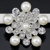 Broche de perla de cristal, aleación de zinc, con Perlas de vidrio, Flor, chapado en color de platina, con diamantes de imitación, Blanco, libre de níquel, plomo & cadmio, 42x42mm, 10PCs/Bolsa, Vendido por Bolsa