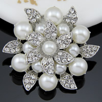 Broche de perla de cristal, aleación de zinc, con Perlas de vidrio, Flor, chapado en color de platina, con diamantes de imitación, Blanco, libre de níquel, plomo & cadmio, 40x40mm, 10PCs/Bolsa, Vendido por Bolsa