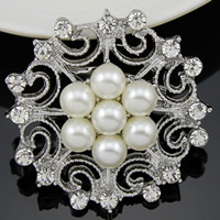 Broche de perla de cristal, aleación de zinc, con Perlas de vidrio, Flor, chapado en color de platina, con diamantes de imitación, Blanco, libre de níquel, plomo & cadmio, 38x38mm, 10PCs/Bolsa, Vendido por Bolsa