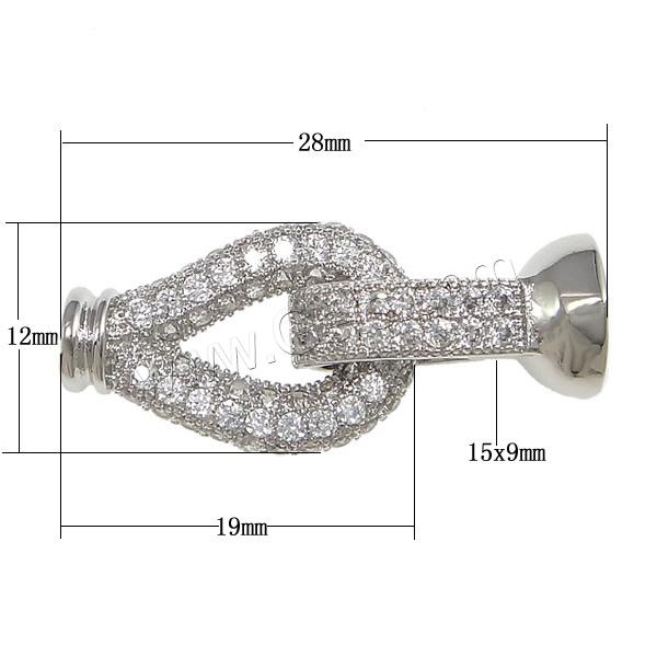 Brass Fold Over Clasp, plated, with end cap & micro pave cubic zirconia, more colors for choice, 28mm, 19x12x5.5mm, 15x9x9mm, Inner Diameter:Approx 7mm, Sold By PC