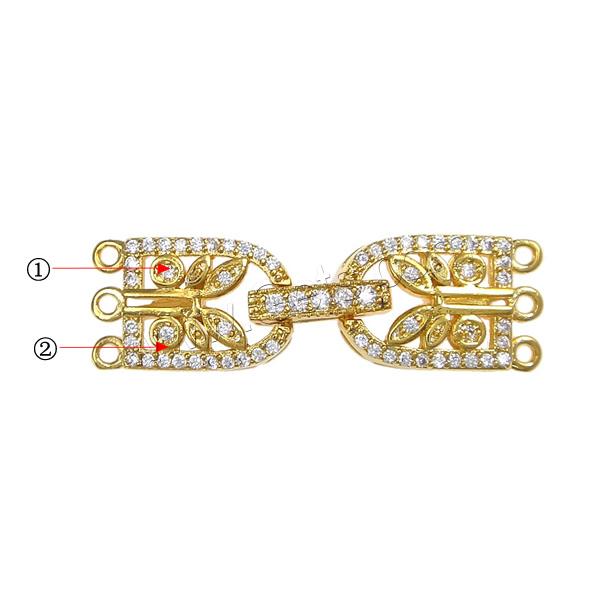 Brass Fold Over Clasp, Letter U, plated, with connector bar & micro pave cubic zirconia & 3-strand, more colors for choice, 34mm, 22x10x4mm, 15x10x4mm, Hole:Approx 1mm, Sold By PC